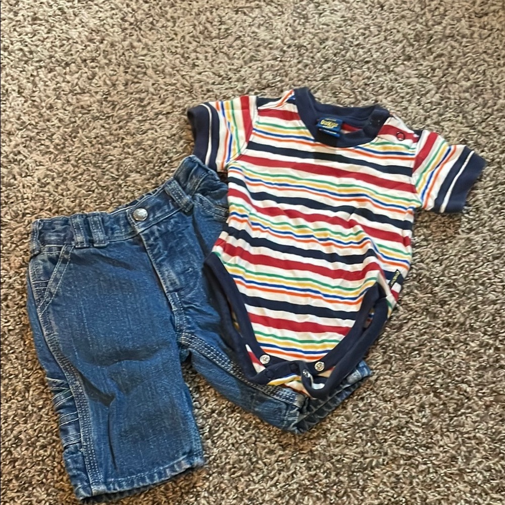OshKosh B'gosh Boys Colorful Striped Onesie and Blue Jeans Set - Picture 1 of 12